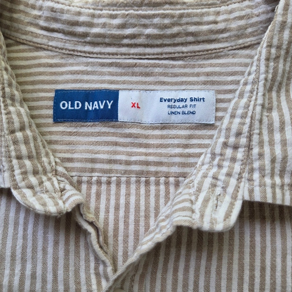 Old Navy Mens XL Everyday Shirt Linen Blend Khaki Tan White Striped Short Sleeve